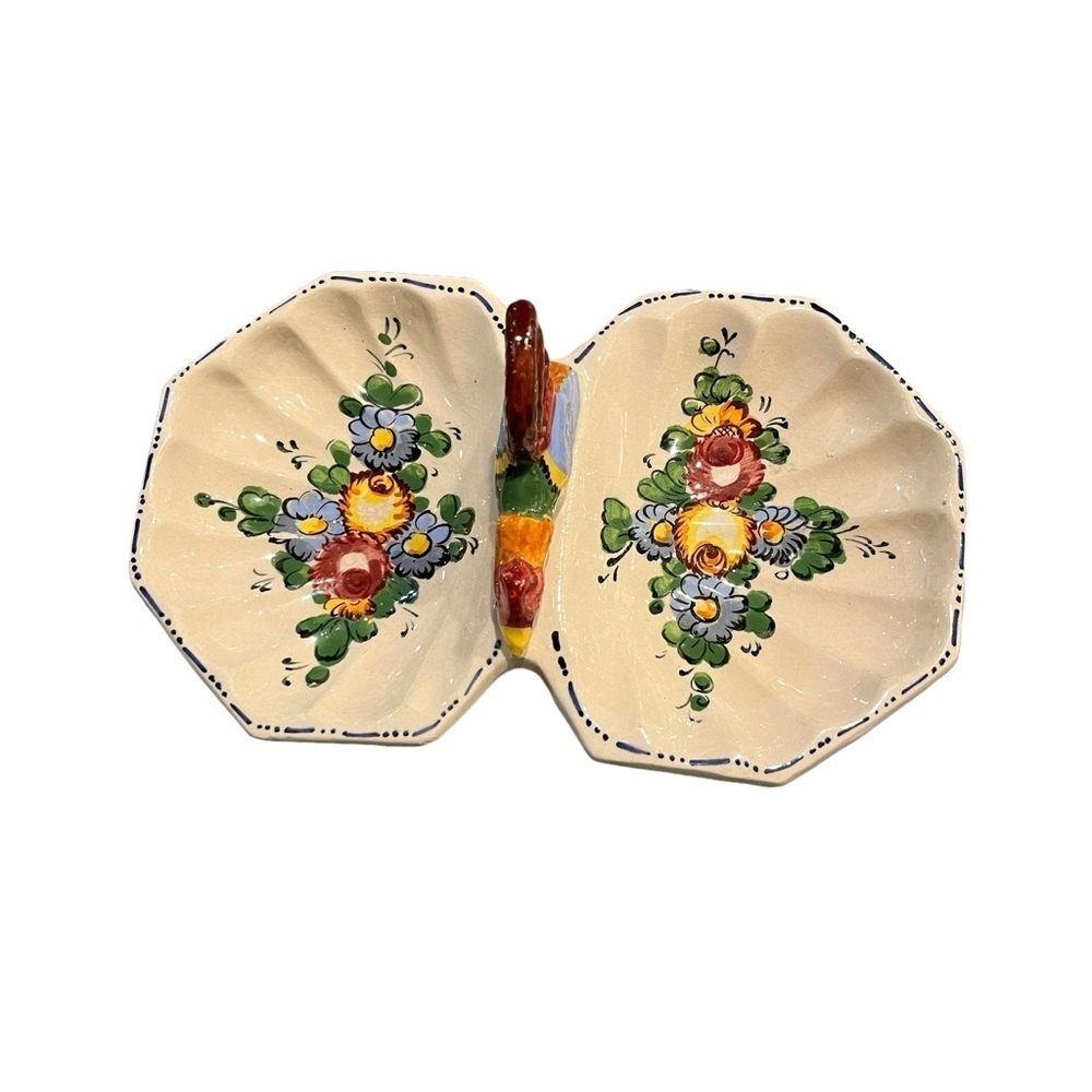 Vintage Italian Hand Painted Divided Candy Nut Dish Rooster Floral Farmhouse